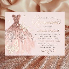 Invitación Con Relieve Metalizado Espuma Rosa Moda Mariposa de Oro Quinceanera