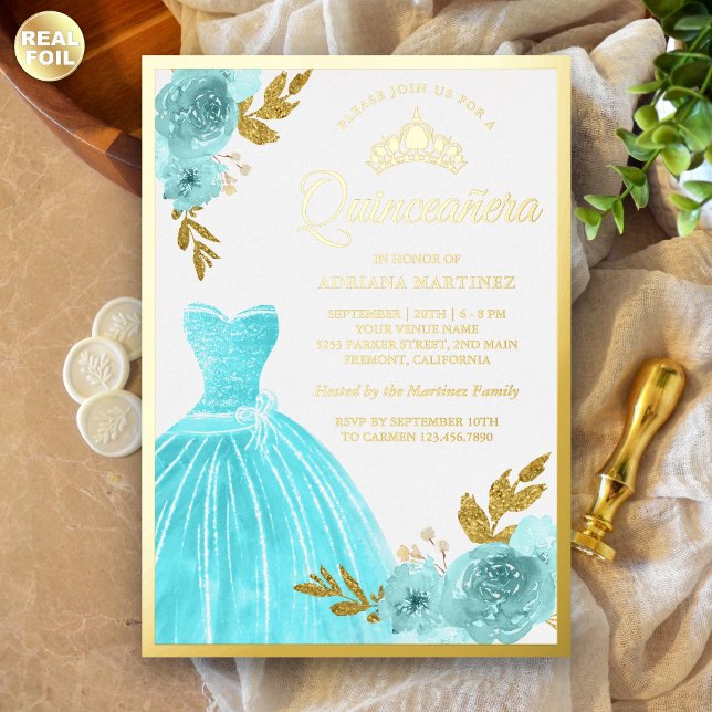 Invitación Con Relieve Metalizado Espumoso Guiso Aqua Floral Azul Quinceanera Gold (Subido por el creador)