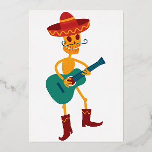 Invitación Con Relieve Metalizado Esqueleto festivo tocando la guitarra