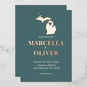Invitación Con Relieve Metalizado Estado de Michigan Guardar La Fecha De La Boda De 