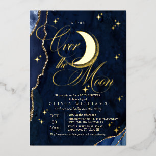 Invitación Con Relieve Metalizado Estamos sobre la Luna Baño de Bebé Niño con Hoja d