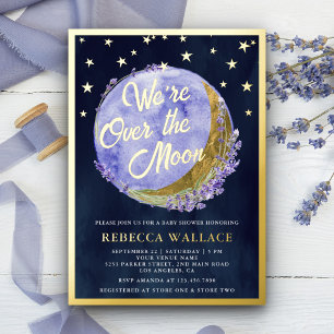 Invitación Con Relieve Metalizado Estamos Sobre La Luna Lavanda Baby Shower Navy Gol