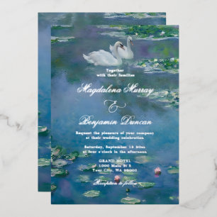 Invitación Con Relieve Metalizado Estanque de cisnes lirios de agua inspirados en Mo