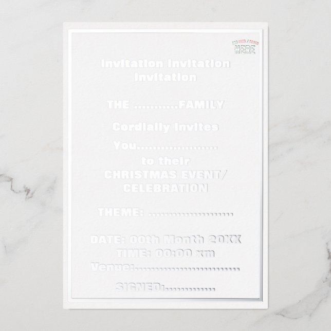 INVITACIÓN CON RELIEVE METALIZADO ESTILIZADO MODERNO PERSONALIZABLE BLANCO VERIFICAD (Anverso)
