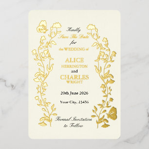 Invitación Con Relieve Metalizado Estilo de época Crema y oro Guardar la fecha