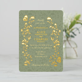 Invitación Con Relieve Metalizado Estilo de la cosecha Sage Green Floral Boda