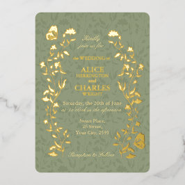 Invitación Con Relieve Metalizado Estilo de la cosecha Sage Green Floral Boda