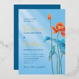Invitación Con Relieve Metalizado Estilo Naranja Flores de Loto Azul Boda
