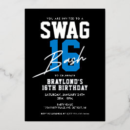 Invitación Con Relieve Metalizado Estilo Varsity Azul Cumpleaños 16