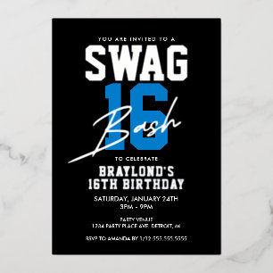 Invitación Con Relieve Metalizado Estilo Varsity Azul Cumpleaños 16