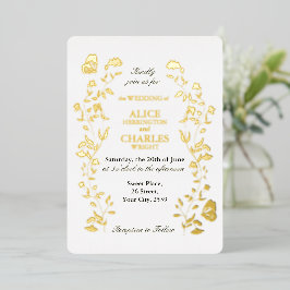 Invitación Con Relieve Metalizado Estilo vintage Boda floral Blanco y oro