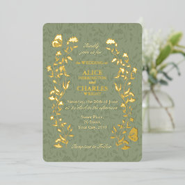 Invitación Con Relieve Metalizado Estilo vintage Boda floral verde salvia