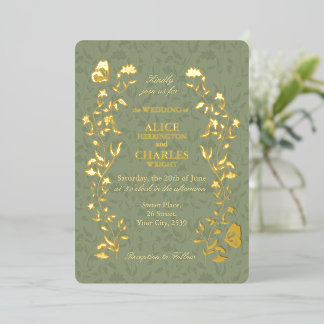 Invitación Con Relieve Metalizado Estilo vintage Boda floral verde salvia