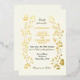 Invitación Con Relieve Metalizado Estilo vintage floral oro y crema Boda