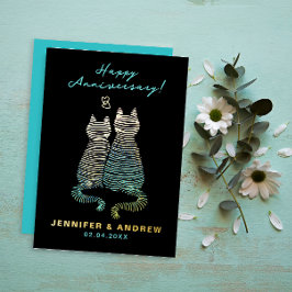 Invitación Con Relieve Metalizado Estiloso Glam Cute Aniversario Gradiente Gatos Azu