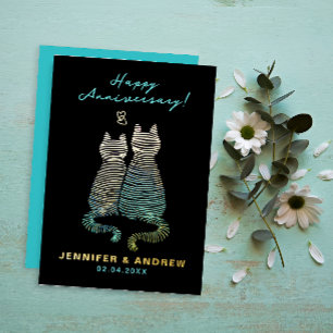 Invitación Con Relieve Metalizado Estiloso Glam Cute Aniversario Gradiente Gatos Azu