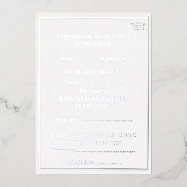 INVITACIÓN CON RELIEVE METALIZADO ESTILOSO MODERNO PERSONALIZABLE BLANCO VERIFICADO  (Anverso)