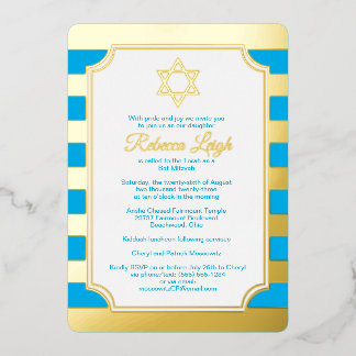 Invitación Con Relieve Metalizado Estrella azul, a rayas de Relieve metalizado dorad