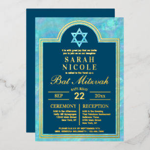 Invitación Con Relieve Metalizado Estrella de David Opalo Azul Bat Mitzvah Glam Oro