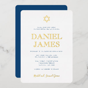 Invitación Con Relieve Metalizado Estrella de David para Bar Mitzvah Simple y Elegan