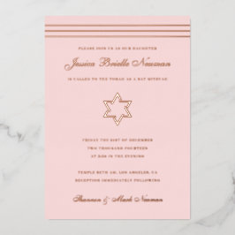 Invitación Con Relieve Metalizado Estrella de David Rosa Bat Mitzvah de franja tradi