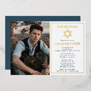 Invitación Con Relieve Metalizado Estrella de David Simple Foto Azul Bar Mitzvah - D