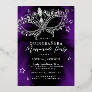 Invitación Con Relieve Metalizado Estrella de mascarada de plata morada Quinceanera