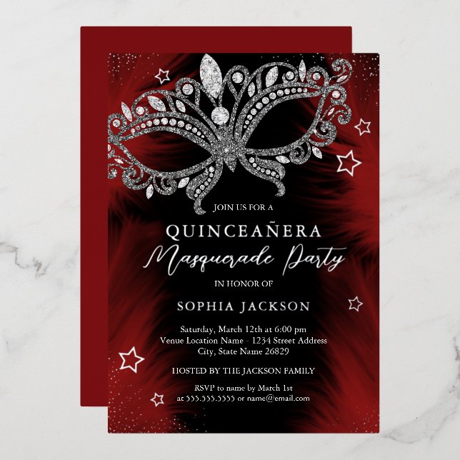 Invitación Con Relieve Metalizado Estrella de mascarada negra de plata roja Quincean (Anverso/Reverso)