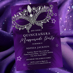 Invitación Con Relieve Metalizado Estrella de mascarada púrpura plateada Quinceanera