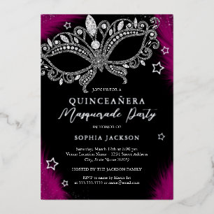 Invitación Con Relieve Metalizado Estrella de mascarada rosada plateada Quinceanera