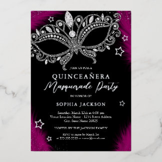 Invitación Con Relieve Metalizado Estrella de mascarada rosada plateada Quinceanera