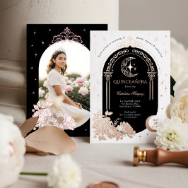 Invitación Con Relieve Metalizado Estrella floral celestial de la luna Tiara Quincea