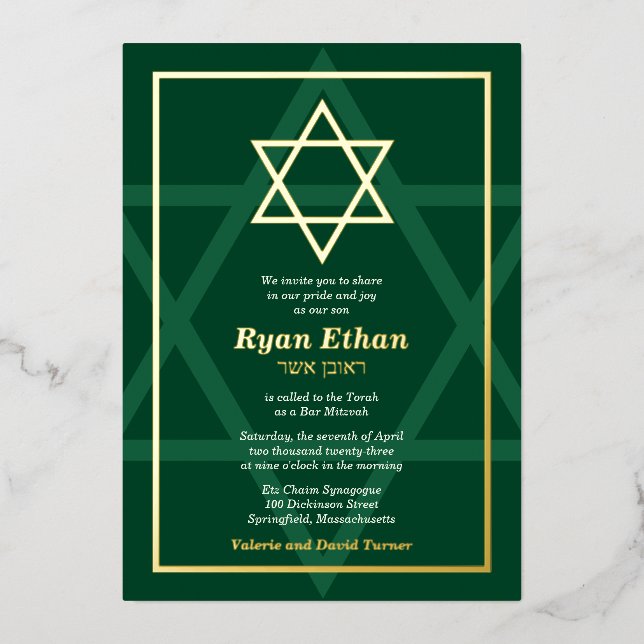 Invitación Con Relieve Metalizado Estrella Verde del Relieve metalizado dorado Real  (Anverso)