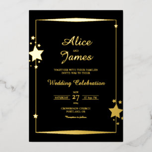 Invitación Con Relieve Metalizado Estrellas Borde Cuadro Elegante Boda de Oro y Negr