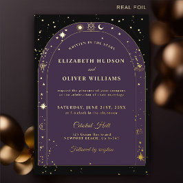 Invitación Con Relieve Metalizado Estrellas celestes Moon Gold Boho Arch Boda