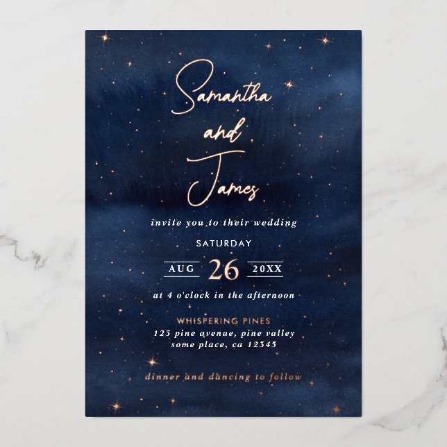 Invitación Con Relieve Metalizado Estrellas celestes por la noche Boda azul y oro Ro (Anverso)