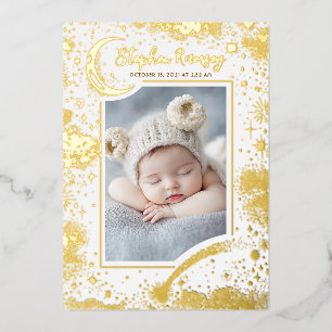 Invitación Con Relieve Metalizado Estrellas Celestiales Cute blanco recién nacido Fo