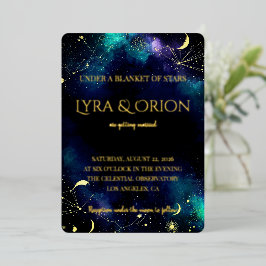 Invitación Con Relieve Metalizado Estrellas Celestiales | Galaxia de Oro Verde Marin