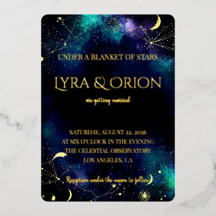 Invitación Con Relieve Metalizado Estrellas Celestiales Galaxia Dorada Verde Marin