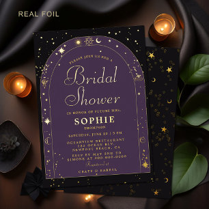 Invitación Con Relieve Metalizado Estrellas Celestiales Luna Dorado Boho Arco Desped