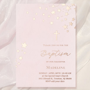 Invitación Con Relieve Metalizado estrellas cielo sobre fondo de acuarela rosa Bau