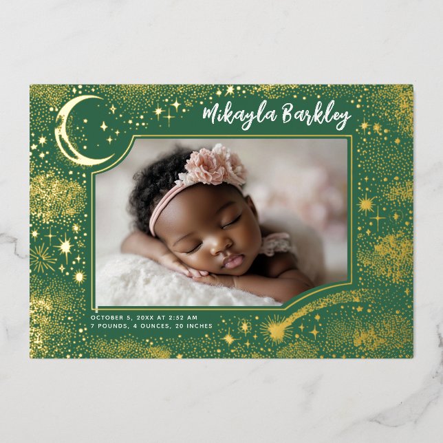 Invitación Con Relieve Metalizado Estrellas cutáneos Luna Celestial recién nacido fo (Anverso)