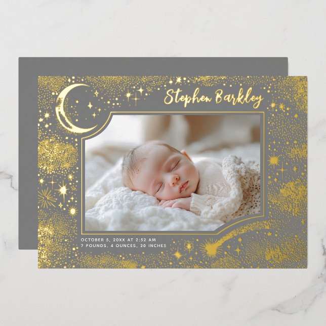 Invitación Con Relieve Metalizado Estrellas cutáneos Luna Celestial recién nacido fo (Anverso/Reverso)