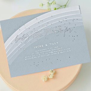 Invitación Con Relieve Metalizado Estrellas de Arcoíris Modernas Baby Shower Azul Fo