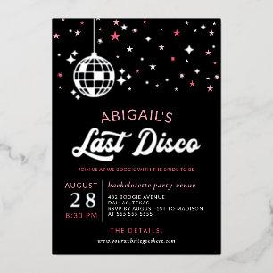 Invitación Con Relieve Metalizado Estrellas de Bola de Disco de Plata Despedida de S