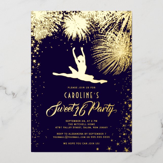 Invitación Con Relieve Metalizado Estrellas de fuegos artificiales de Ballerina desa (Anverso)