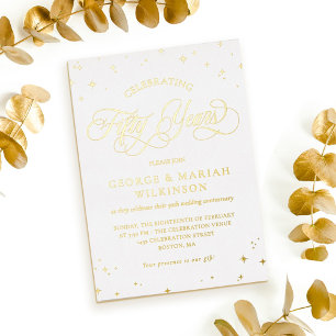Invitación Con Relieve Metalizado Estrellas de Oro Blanco 50 Aniversario de Boda