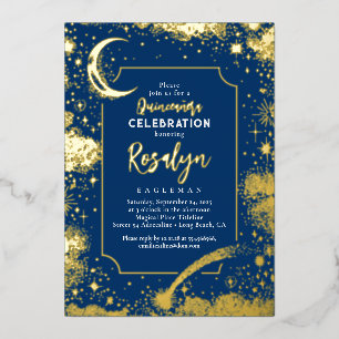 Invitación Con Relieve Metalizado Estrellas de oro celestes y quinceanera nocturna l