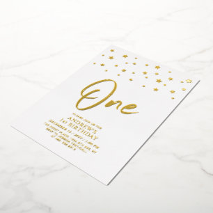 Invitación Con Relieve Metalizado Estrellas de Oro Cumpleaños número uno 1