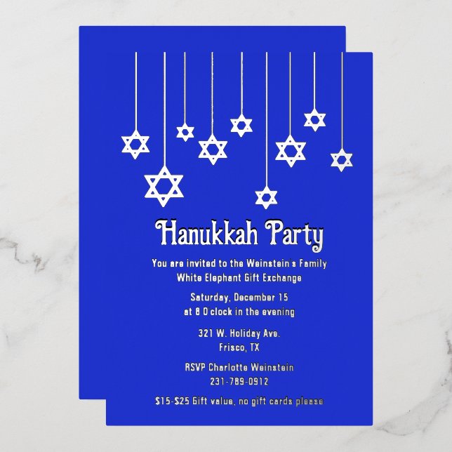 Invitación Con Relieve Metalizado Estrellas del Fiesta David Hanukkah (Anverso/Reverso)